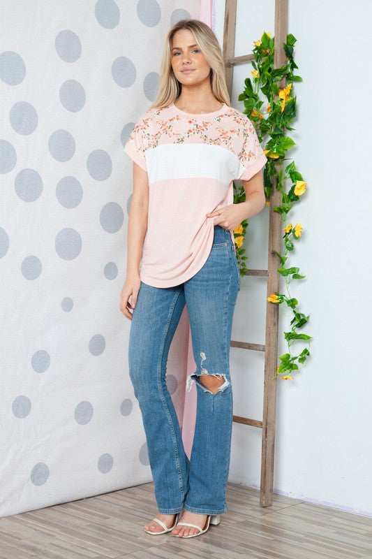 Plus Solid Floral Short Sleeve Contrast Top