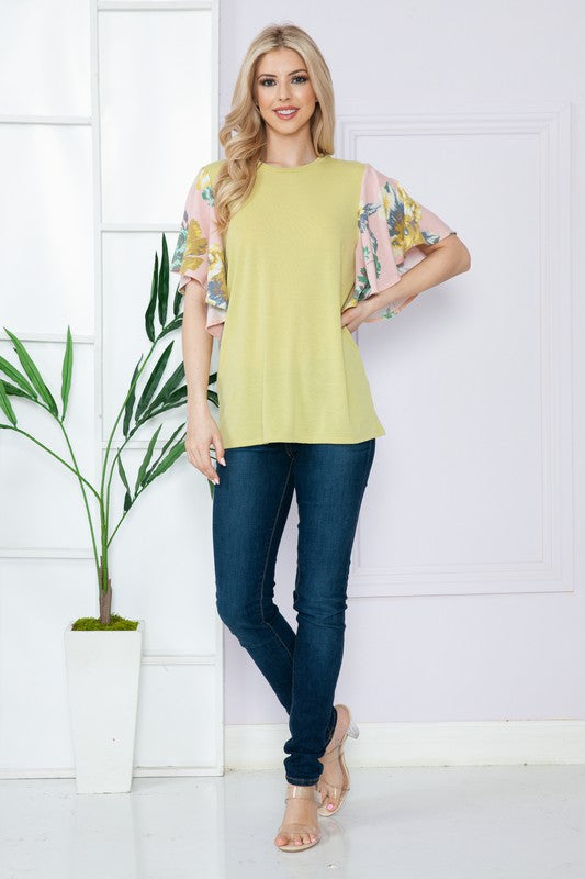 Solid Floral Contrast Short Sleeve Top