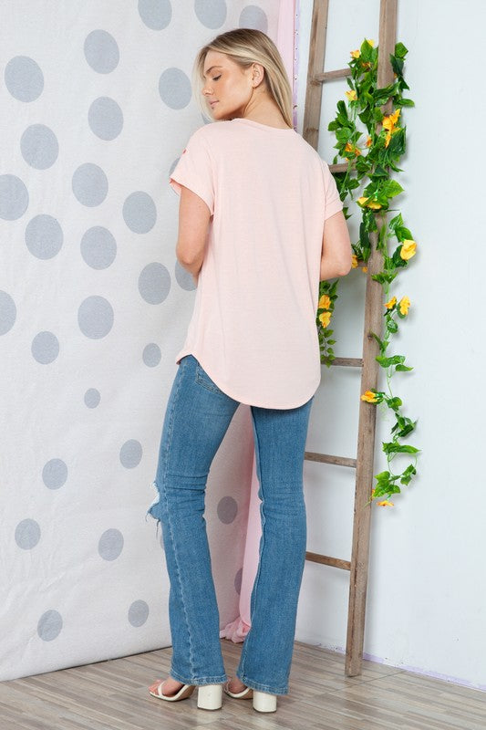 Plus Solid Floral Short Sleeve Contrast Top