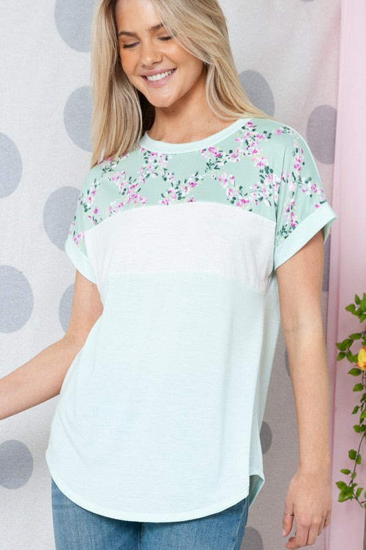 Plus Solid Floral Short Sleeve Contrast Top