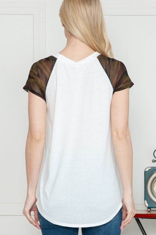 Plus Solid Camo Mesh Short Sleeve Spring Top