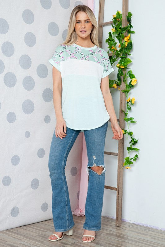Plus Solid Floral Short Sleeve Contrast Top