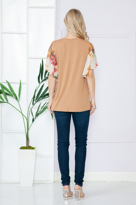 Solid Floral Contrast Short Sleeve Top