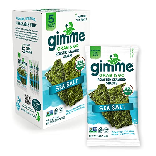 Gimme Seaweed Grab & Go - Sea Salt - 5 Count - Organic Roasted Seaweed Sheets - Keto Vegan Gluten Free - Great Source of Iodine & Omega 3’s - Healthy On-The-Go Snack for Kids Adults