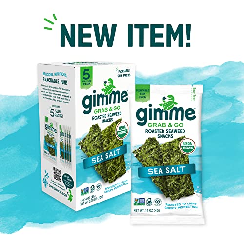 Gimme Seaweed Grab & Go - Sea Salt - 5 Count - Organic Roasted Seaweed Sheets - Keto Vegan Gluten Free - Great Source of Iodine & Omega 3’s - Healthy On-The-Go Snack for Kids Adults