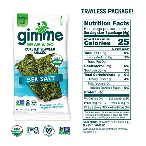 Gimme Seaweed Grab & Go - Sea Salt - 5 Count - Organic Roasted Seaweed Sheets - Keto Vegan Gluten Free - Great Source of Iodine & Omega 3’s - Healthy On-The-Go Snack for Kids Adults