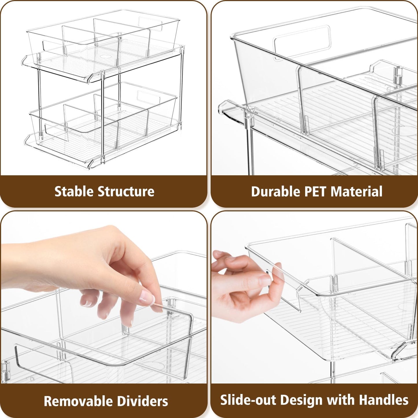 Fabspace Pull-out Home Organizer, 2 Pack Clear Bathroom Organizer with Dividers, Cabinet & Storage Container Bins