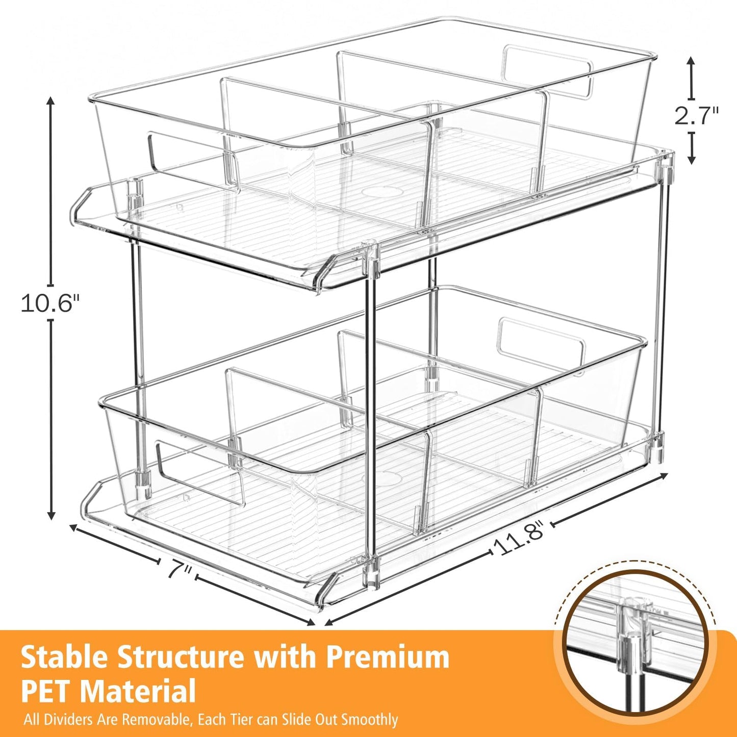 Fabspace Pull-out Home Organizer, 2 Pack Clear Bathroom Organizer with Dividers, Cabinet & Storage Container Bins