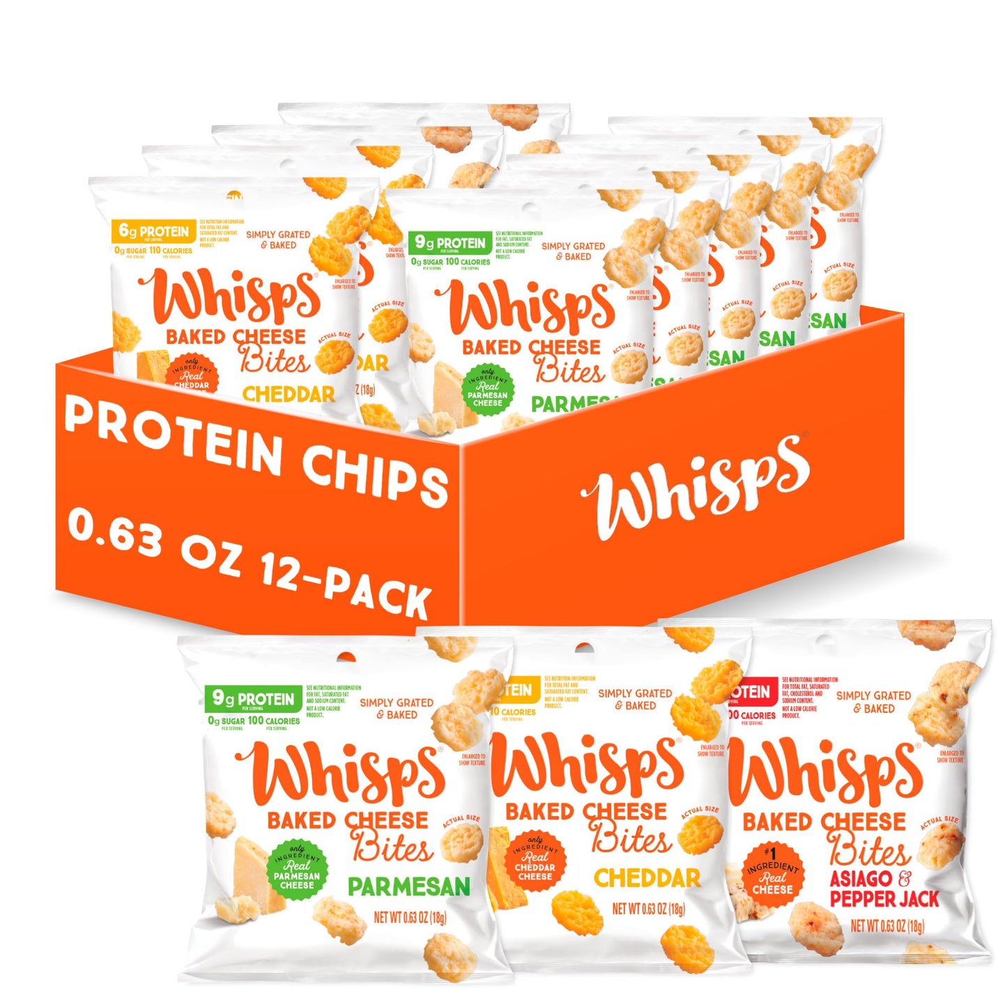 Whisps Cheese Crisps - Parmesan, Cheddar, Tangy Ranch & Nacho Cheese Snacks for Keto, 6-9g of Protein Per Bag, Low Carb, Gluten & Sugar Free, Great Tasting Healthy and All Natural Cheese Crisps - Variety, .63 Oz (Pack of 12)