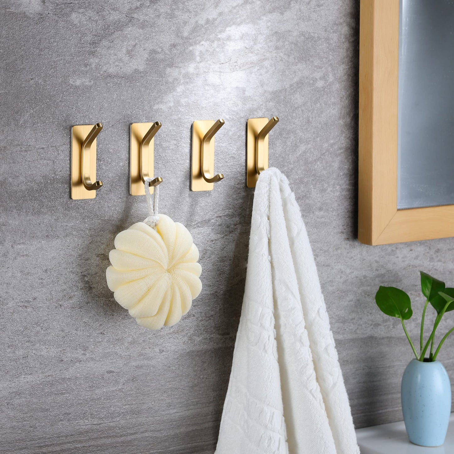 Taozun Adhesive Hooks - Gold Towel Hooks Coat Hooks, Stainless Steel 4-Pack Wall Hooks for Bathroom and Bedroom