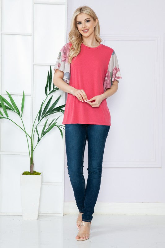 Solid Floral Contrast Short Sleeve Top