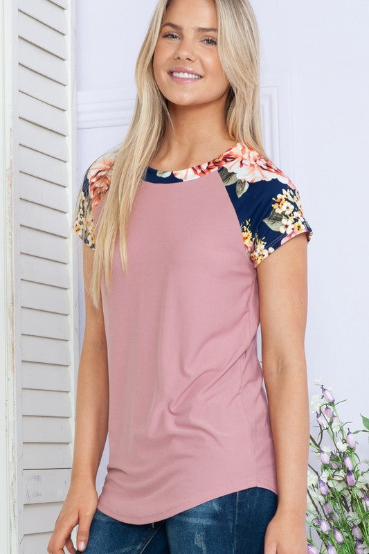 Solid Floral Short Sleeve Spring Top