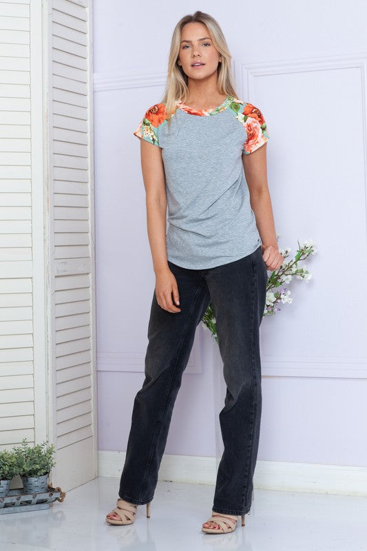 Solid Floral Short Sleeve Spring Top