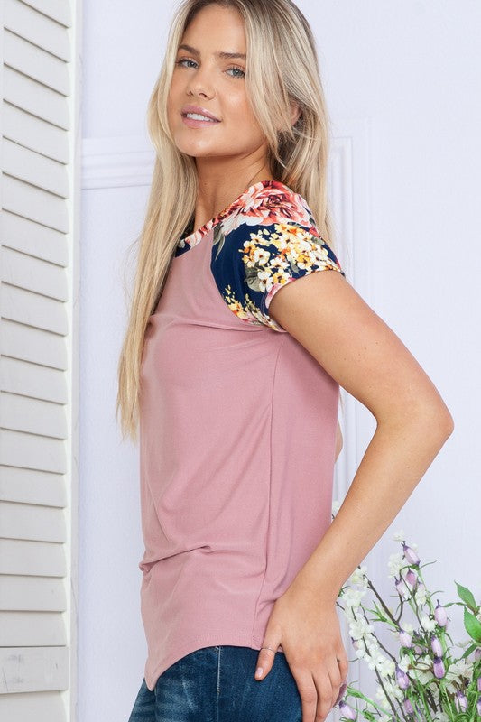 Solid Floral Short Sleeve Spring Top