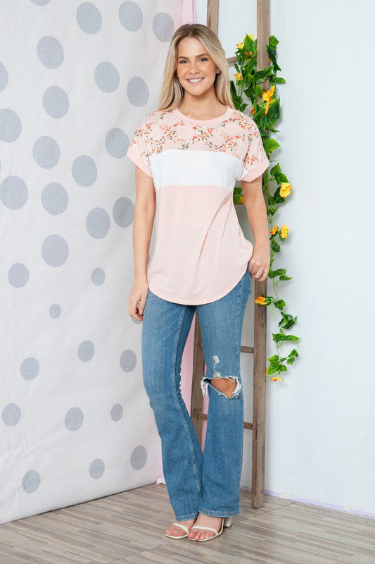 Plus Solid Floral Short Sleeve Contrast Top