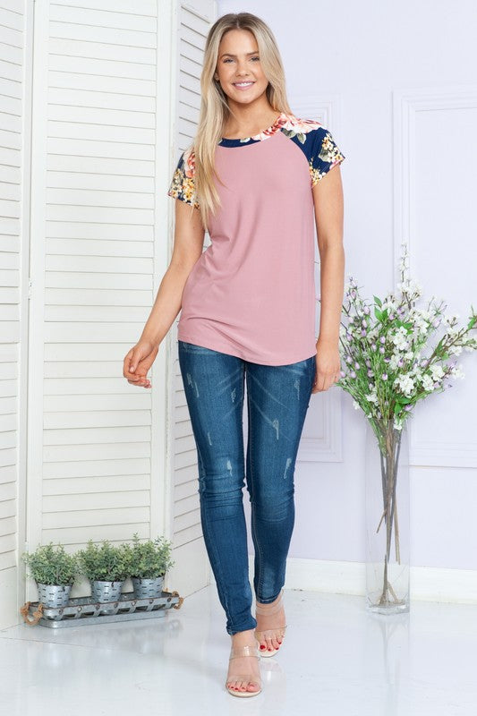 Solid Floral Short Sleeve Spring Top