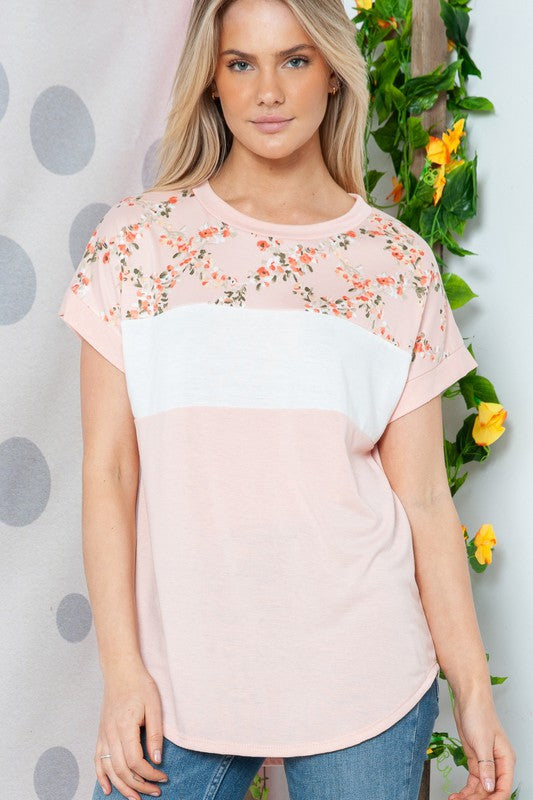 Plus Solid Floral Short Sleeve Contrast Top