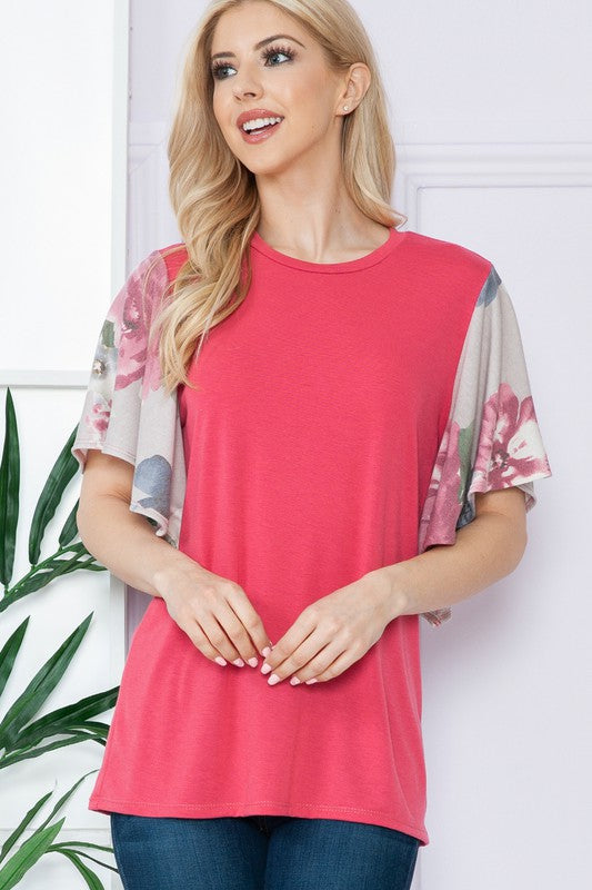 Plus Solid Floral Contrast Short Sleeve Top